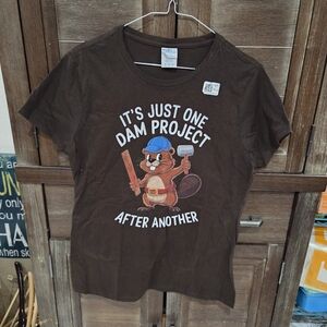 Port & Company Unisex Brown Short Sleeve Graphic Tshirt Size Medium Beaver Humor